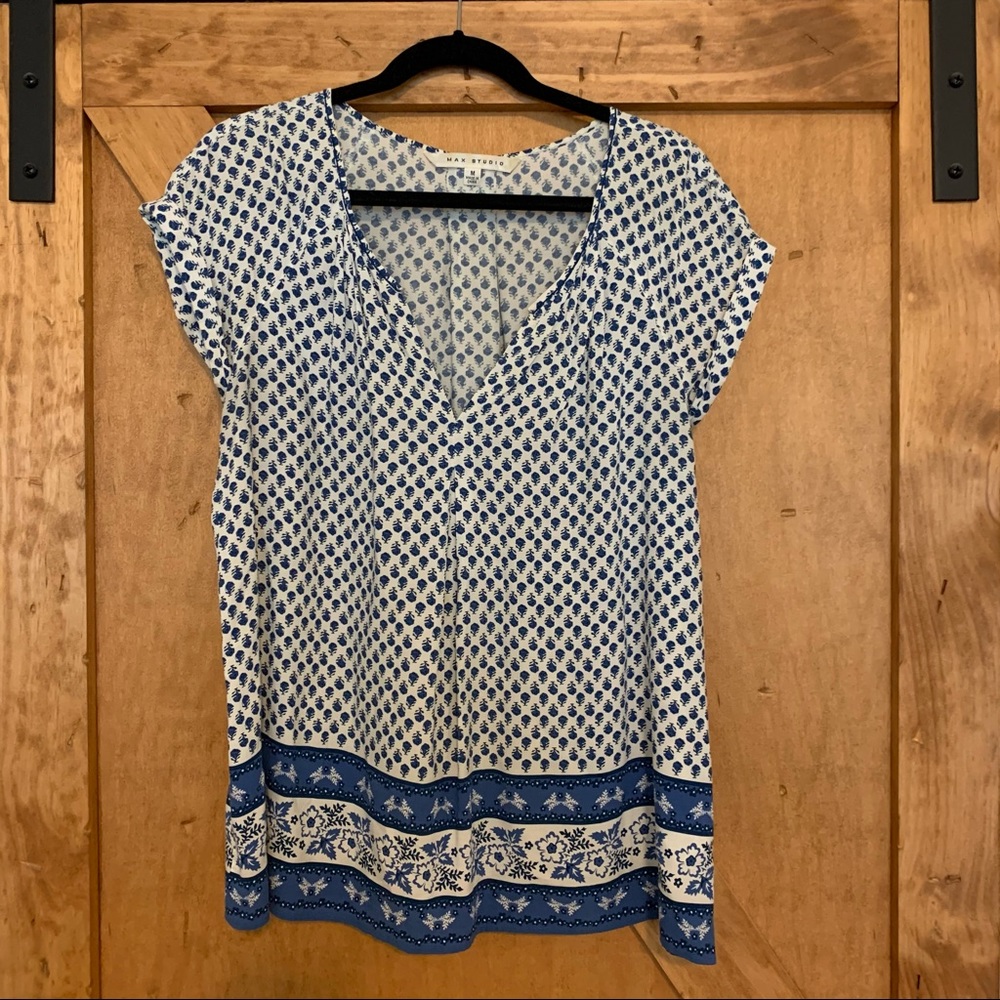 Blue and White Patterned Blouse